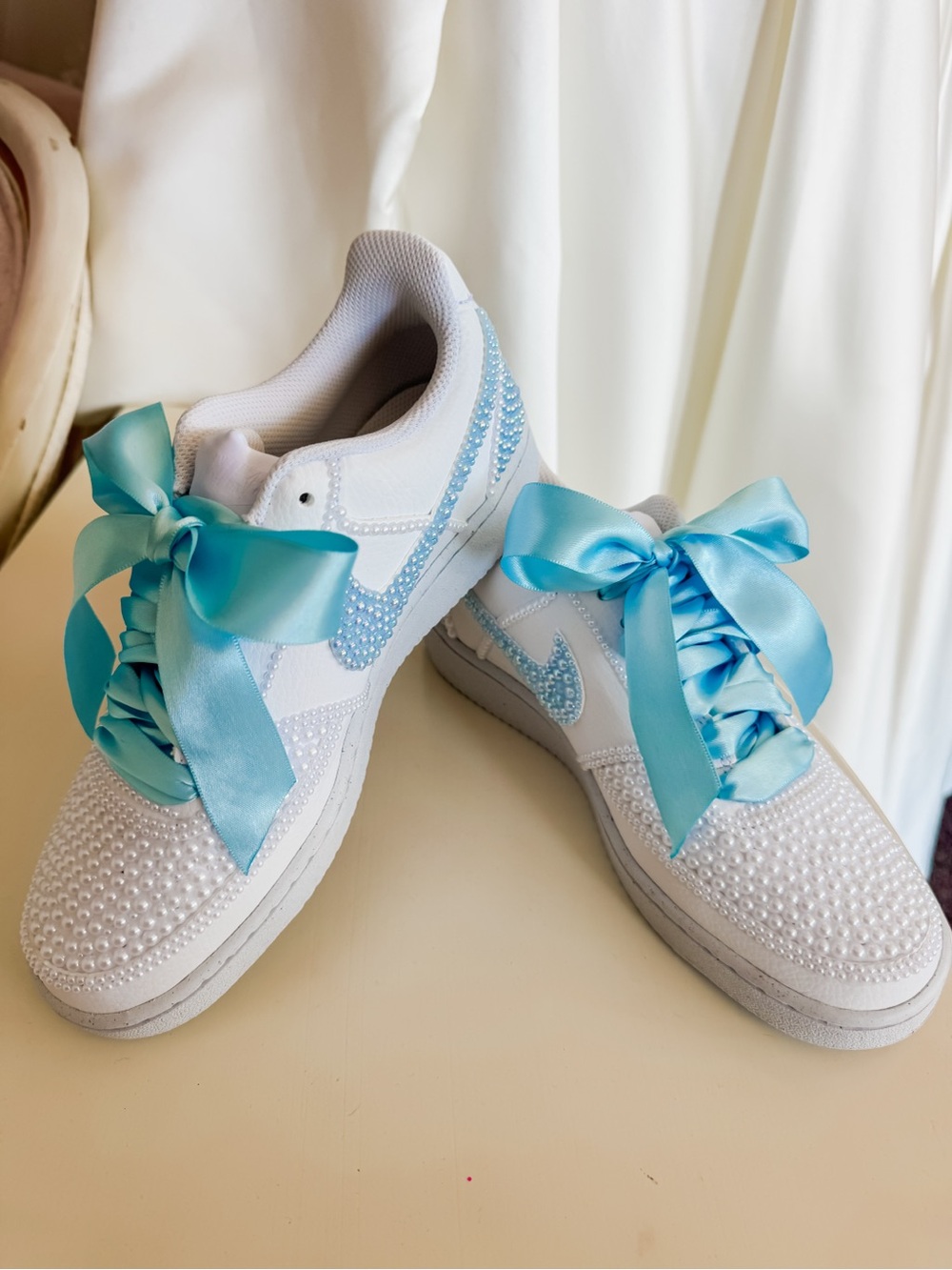 White Sneakers with Light Blue Satin Ribbon and Pearl bedazzled accents